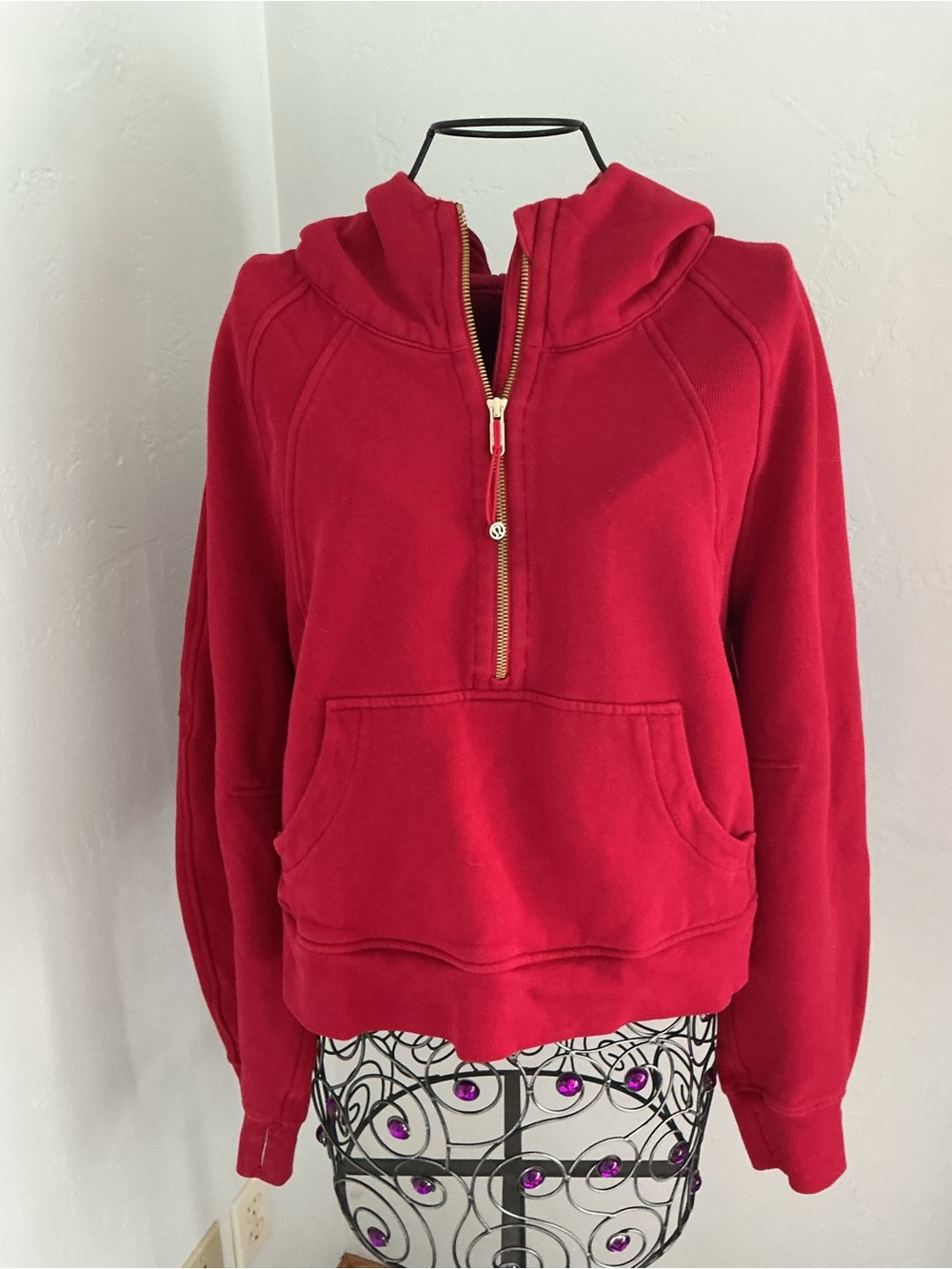 Lululemon Scuba Rare Red Half-Zip Hoodie Sweatshirt with Gold Detail